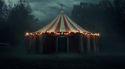 Scary vintage circus tent in the dark horror and mystery concept