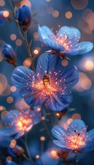 Blue Flower with Bee and Bokeh Lights