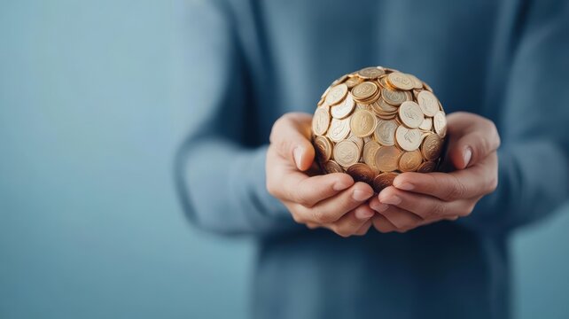Digital hands holding a globe made of spinning gold coins, each segment symbolizing a different investment opportunity, global capital, investment growth - Powered by Adobe