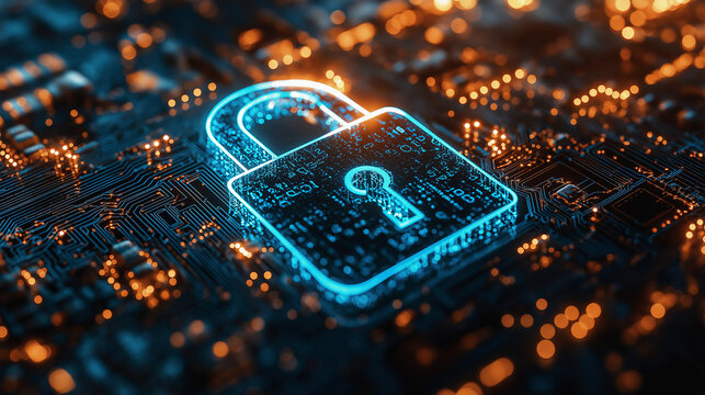A digital padlock with binary code and futuristic circles on a blue and white background, concept of cybersecurity, Ai generated 