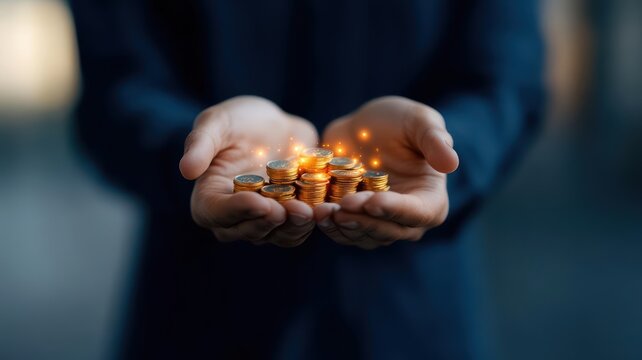 Digital hands holding a globe made of spinning gold coins, each segment symbolizing a different investment opportunity, global capital, investment growth - Powered by Adobe