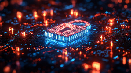 A digital padlock with binary code and futuristic circles on a blue and white background, concept of cybersecurity, Ai generated 