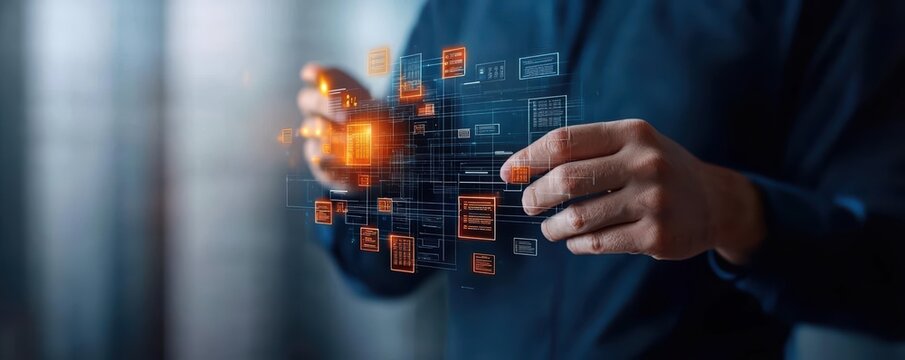 Portfolio management displayed as interconnected cubes floating in digital space, each cube containing financial symbols, investment strategy, innovative portfolio design