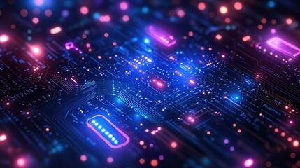 Fototapeta premium Futuristic abstract background with glowing circuits, neon blue and purple hues, technology-inspired vector design