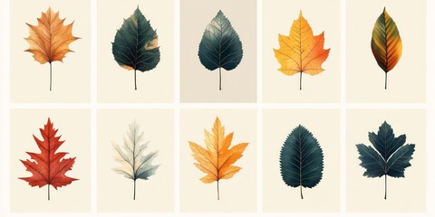 Obraz premium Minimalistic illustration of different autumn leaves of trees and nature motives