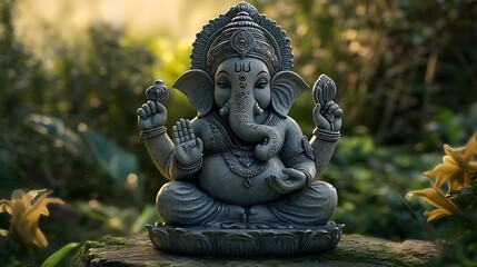 Ganesha Statue in a Lush Garden Setting