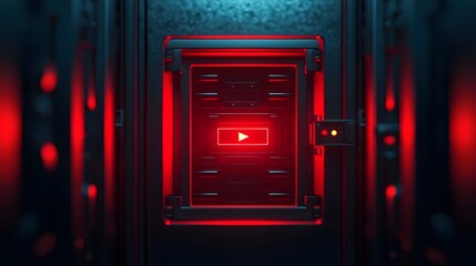 Red Play Button in Server Rack - Technology Concept