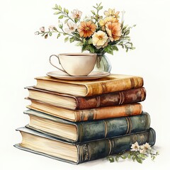 Stack of books with a coffee cup on top, flowers in a vase. Watercolor Clipart, white background.