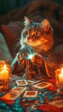 In a whimsical setting, a cat dressed as a fortune teller gazes into a crystal ball at a small table adorned with tarot cards and glowing candles