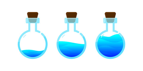 Set of glass bottles. Different colors potion flat style on white background. Vector illustration.  Design elements for game collection. 