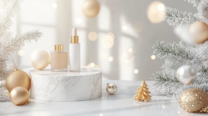 White marble cosmetic podium product and Christmas golden decoration. Product presentation scene for cosmetic or beauty product presentation on white background. Front view. Copy space