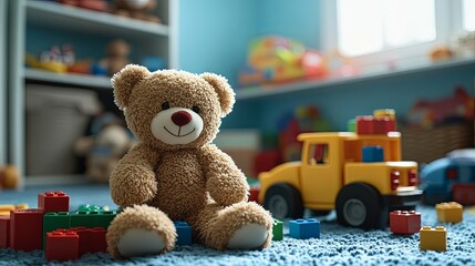 Plush Teddy Bear Toy in a Playroom with Other Toys