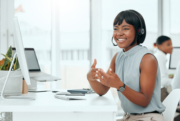 Call center, woman and agent with headset talking to client for customer service, technical support...