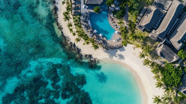 Aerial view of a luxury resort with swimmign pool along Flic En Flac beach a tropical oasis and travel destination Riviere Noire Mauritius.