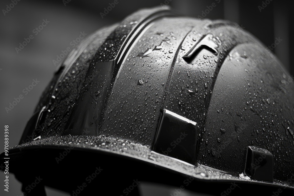 Wall mural Black Hard Hat Covered in Raindrops