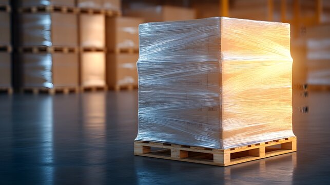 Wooden pallet on a warehouse floor, cartons stacked high and secured with tight shrink wrap, light reflecting off the wrap's surface, industrial setting