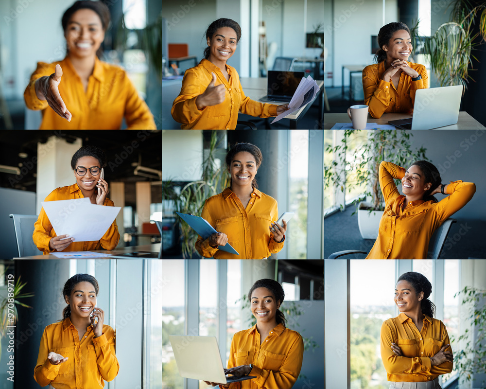 Poster a young woman is seen actively participating in different work-related tasks within a bright and mod