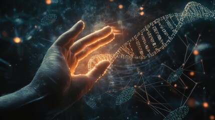 A hand reaches out to a glowing DNA strand, symbolizing the power of genetic research and its potential to unlock the secrets of life.