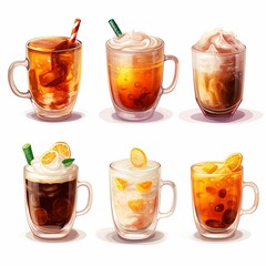 Set of hot drinks on white background