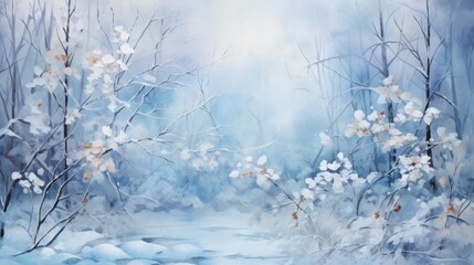 Ethereal Winter Forest, Watercolor. Elegant Blue and White Botanical with Misty Trees Background