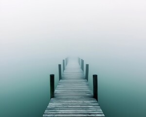 Fototapeta premium Into The Mist: A wooden pier disappears into a thick fog, a solitary path leading into the unknown. This minimalist image evokes a sense of mystery and contemplation, perfect for themes of anticipati