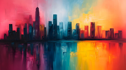 Fototapeta premium Skyline city view with reflections on water. Original oil painting on canvas
