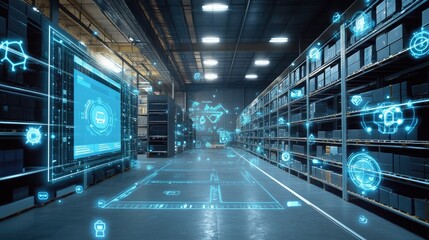 A modern warehouse with digital overlays, showcasing automation and technological advancements in logistics and inventory management.