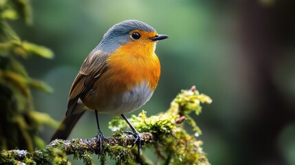 A Small Bird Perched on a Mossy Branch