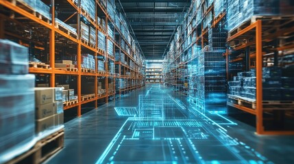 Fototapeta premium A warehouse aisle with a futuristic digital overlay on the floor.
