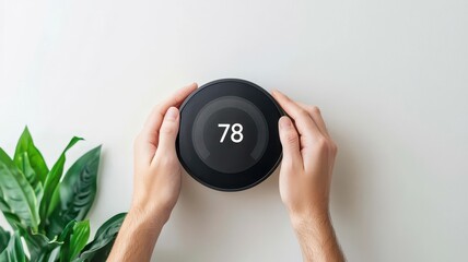 A hand is adjusting a smart thermostat displaying 78 degrees Fahrenheit, with green foliage in the background, representing home temperature control and efficiency.