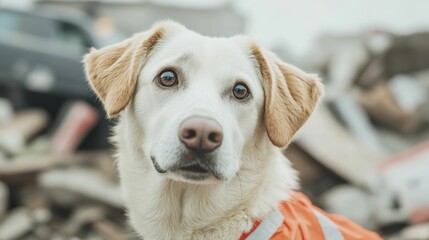 Courageous rescue dog diligently searching through the rubble and debris of a collapsed building after a catastrophic earthquake part of the search and rescue to locate and aid survivors