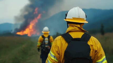 Firefighters creating a firebreak to establish a barrier and prevent the spread of an advancing wildfire protecting nearby residential areas from the dangerous blaze