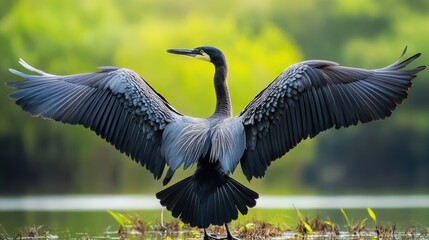 Anhinga Bird with Wings Spread Wide