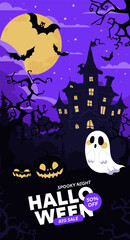 Halloween background with castle, graveyard and bats. Vector illustration.