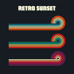 Vintage sunset collection. Various colorful striped sunrise badges in 80s and 90s style. Sun and ocean view, summer vibes, surfing. Design element for print, logo or t-shirt. Vector illustration