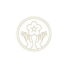 Female hands with chamomile flower in circle frame line art icon vector illustration. Woman arms fingers with gentle floral blossom luxury golden logo for spa skin care manicure beauty salon