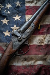 A Vintage Firearm Against a Tattered American Flag: A Symbol of Heritage and National Pride