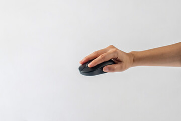 Computer mouse wireless and hand on white background.