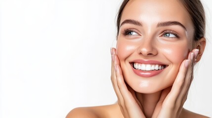 Attractive cosmetics or makeup model against a white background. Young, happy and beautiful woman with perfect face and skin smiling into the camera. Make-up advertisement concept.