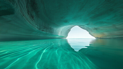 Hidden underwater cave with bioluminescent limestone and clear turquoise water, perfect symmetry reflection, glowing blue and green hues, seamless transition from water to stone