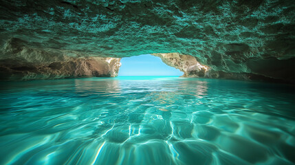 Hidden underwater cave with bioluminescent limestone walls reflecting turquoise water, glowing blue-green hues in perfect symmetry, captured inside cave looking out for serene nature beauty