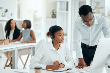 Fototapeta premium Call center, manager and helping agent on computer for customer service management or explain online system. Telemarketing, mentor and consultant with technical support training, advice or assistance