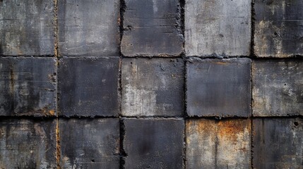 A concrete cinder block wall blackened with age is pictured close up creating a grungy textured backdrop perfect for industrial photos or portraits.