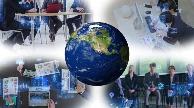 Collage of various business scenes and global networks concept. Wipe transition from white background.