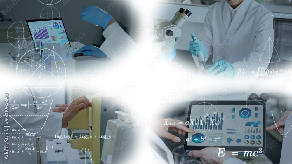 Poster collage of various experimental scenes and science and technology concept. wipe transition from whit