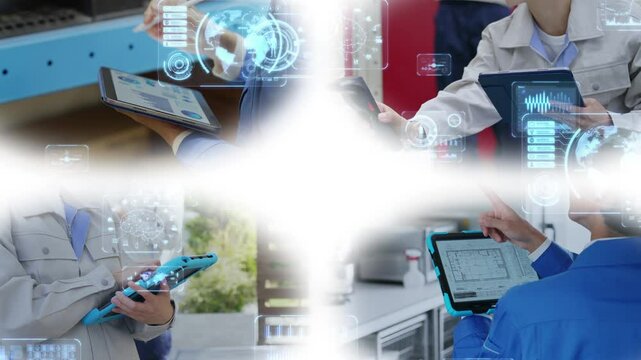 様々なシーンでタブレットPCを使う人々とデジタルテクノロジー　白バックからのブラートランジション