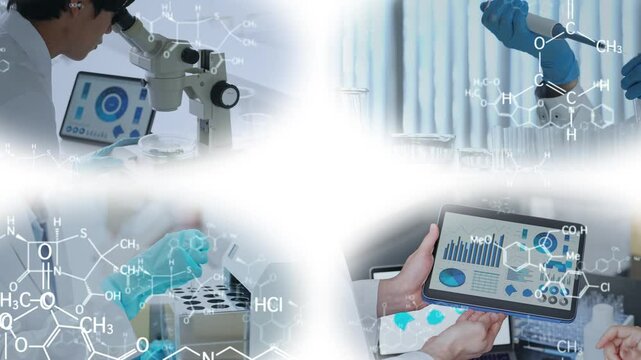 様々な実験シーンと化学技術　白バックからのブラートランジション