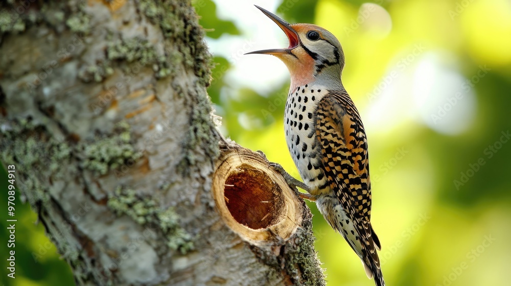 Wall mural northern flicker on tree trunk