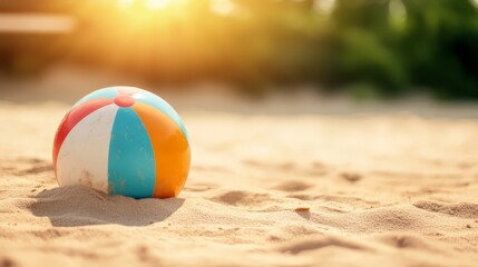 Obraz premium Colorful Beach Ball Half Buried in Sand with Sunbeams