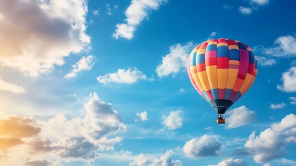 Fototapeta premium Colorful Hot Air Balloon Flying Through White Clouds in Blue Sky